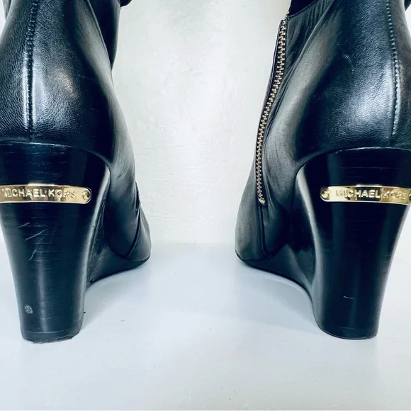 Michael Kors Genuine Leather & Stretch Black Knee Tall Wedge Zip Boots Sz 7.5 - Picture 8 of 12